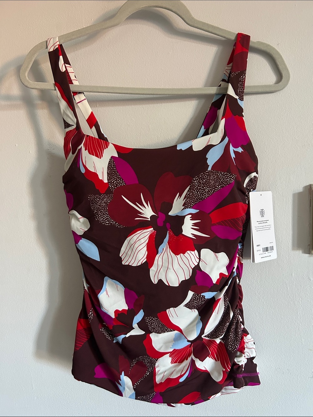 NWT Athleta Floral Ruched Tankini Top in Burgundy, Red, White & Magenta